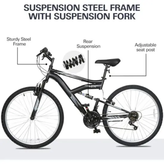 Hykolity 26/27.5-Inch Mountain Bike, Mens Womens, Steel Full Suspension, 18-Speed, Adjustable Saddle, Linear Pull Brakes, Alloy Rims image {3}