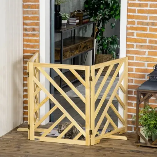 PawHut Foldable Gate with Ultra-Stable Feet, Medium & Small Dog Gate Freestanding with Two-Way Hinges, Wooden Dog Gate Boho Dog Accessories image {2}