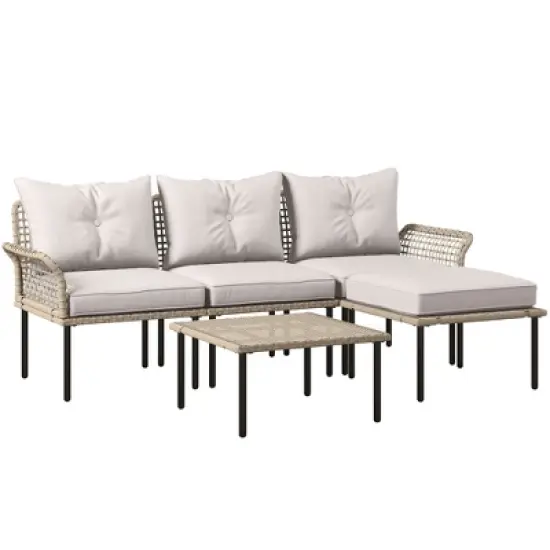 Outsunny 5 Pieces Patio Furniture Set with Cushions, Sofa, Chaise Lounge, Stool, Coffee Table image {7}