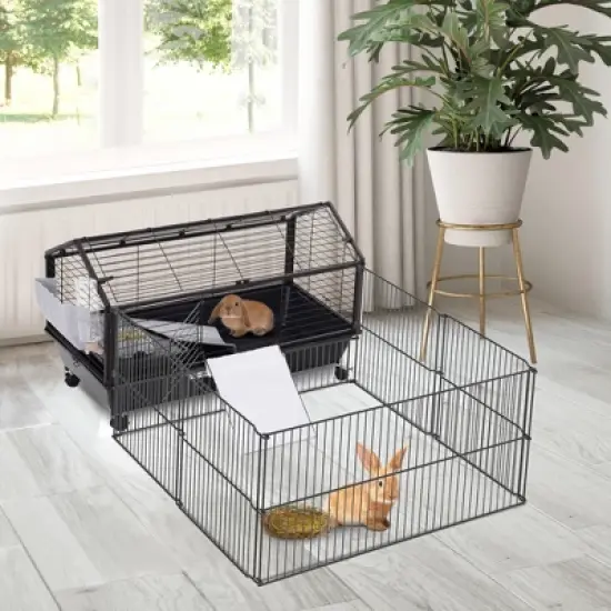 PawHut Small Animal Cage Bunny Playpen with Main House and Run for Rabbit, Guinea Pigs, Chinchilla for Indoor and Outdoor image {2}
