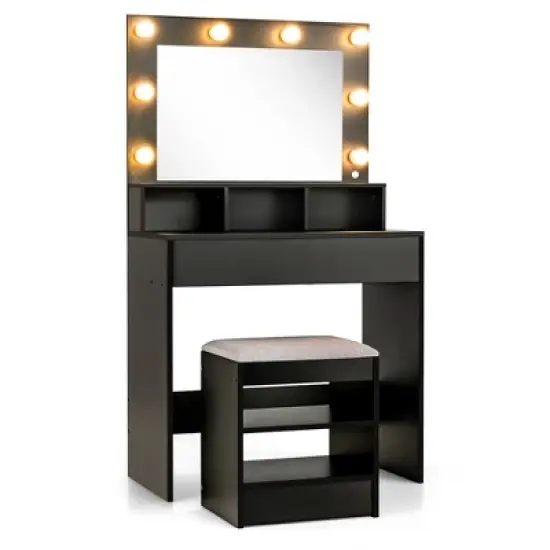 Costway Vanity Table Set with Lighted Mirror 8 LED Bulbs Large Drawer Cushion Stool image {9}