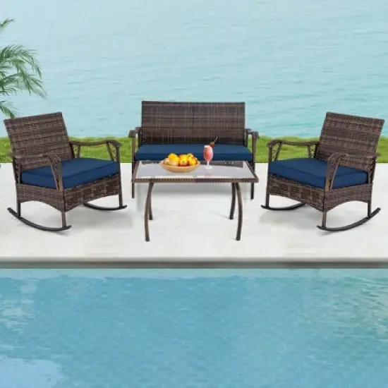 Tangkula Set of 4 Wicker Rocking Set 2 Patio Rattan Rocker Chairs w/Loveseat & Coffee Table Heavy-Duty Metal Frame & Bungee Rope Seat Navy image {1}