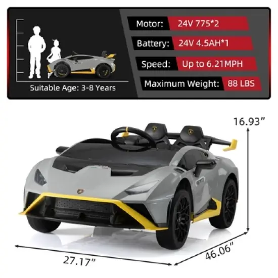 Sandinrayli 24V Kids Ride on Car Licensed Lamborghini STO Electric Car, Gray image {3}