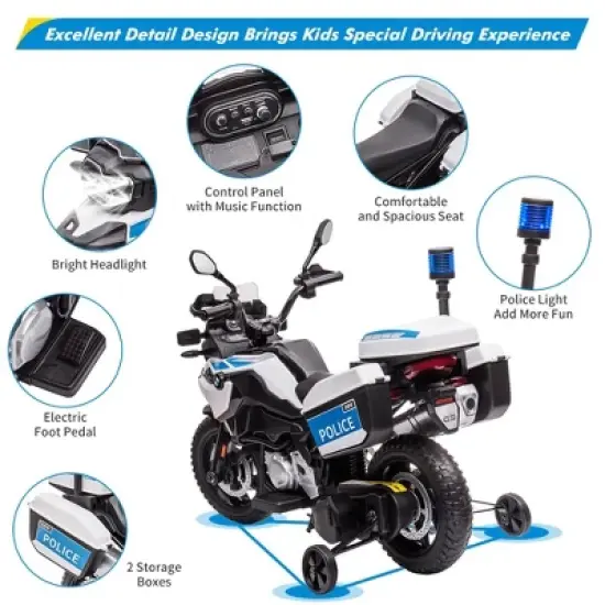 12V 7AH Kids Motorcycle, Ride On Police Motorcycle, Licensed BMW Kids Car with High/Low Speed,EVA Tire, 2 Storage Boxes image {2}