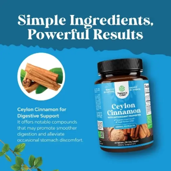 Organic Ceylon Cinnamon Extract Tablets 1000mg, Blood Sugar Support, Immune System & Heart Health Aid, Immune Support for Adults, Nature's Craft, 60ct image {3}