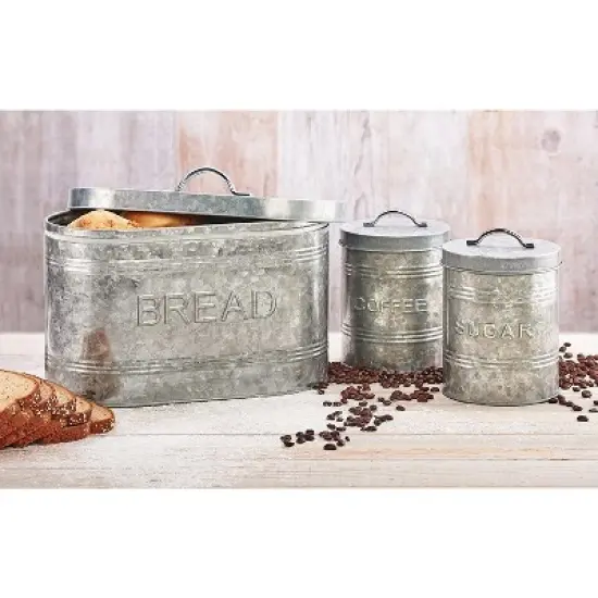 Amici Home Rustic Kitchen Coffee, Sugar, and Bread Relief Galvanized Metal Storage Canister, Food Safe, Set of 3, 76 & 288 Ounce image {1}