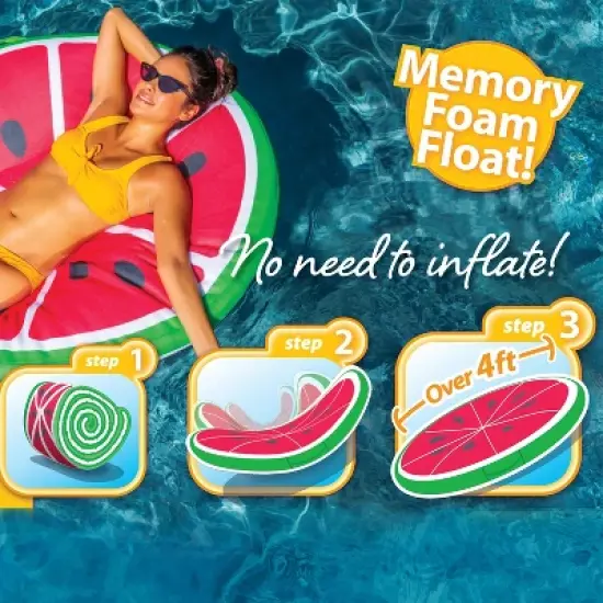 COMFY FLOATS Soft Mesh Self-Inflating Expanding Memory Foam Roll Up Sun Disc Pool Float Lounger with Protective Vinyl Layer, Watermelon image {2}