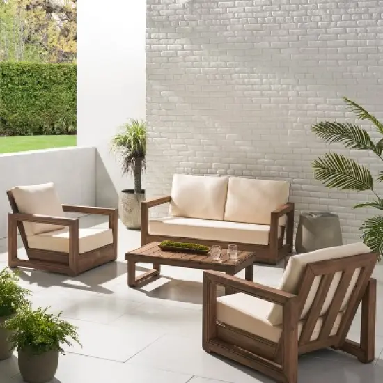 Christopher Knight Home Andrae Outdoor Acacia Wood 4 Seater Chat Set with Cushions, Brown and Beige image {1}