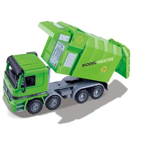 Link Ready! Set! Go! 14" Friction Powered Recycling Garbage Truck Toy For Kids With Side Loading - Green image {1}