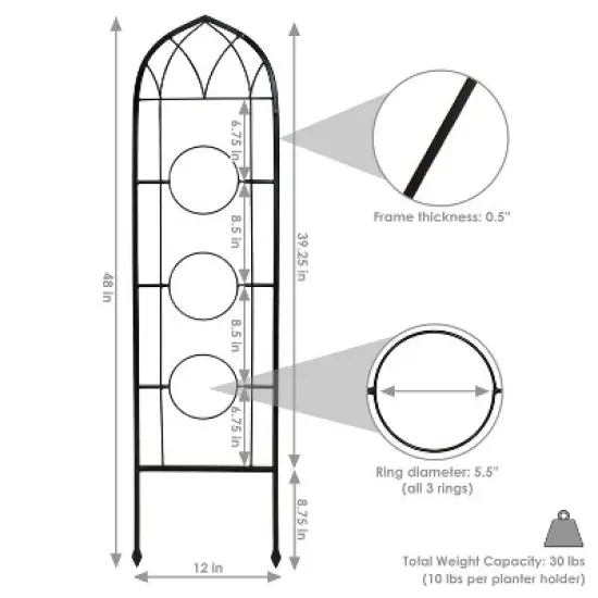 Sunnydaze Steel Wire Arched Climbing Plants Wall Trellis with Flowerpot Supports - 48" H - Black - 2-Pack image {2}