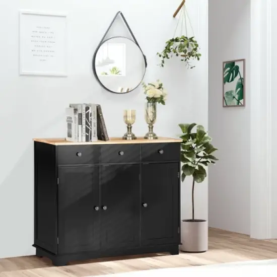 HOMCOM Modern Sideboard with Rubberwood Top, Buffet Cabinet with Storage Cabinets, Drawers and Adjustable Shelves for Living Room, Kitchen, Black image {2}