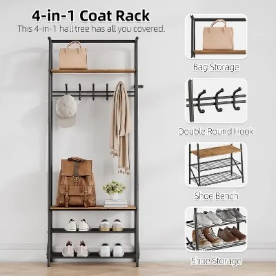 Coat Rack Shoe Bench with Double Row 8 Hooks, 3-Tier Shelf Entryway Hall Tree with Storage, Metal Frame Multifunctional Hallway Organizer, Hallway image {6}