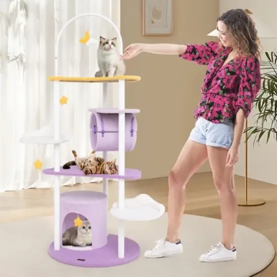 Tangkula 62" Multi-level Cat Tree w/ Moon-Shaped Top Perch Cloud-Shaped Jumping Platform image {2}