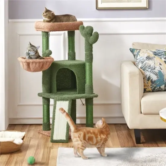 Yaheetech Cactus Cat Tree Cat Tower, with Platform, Condo, Basket, Scratching Posts, Board & Hanging Ball image {1}
