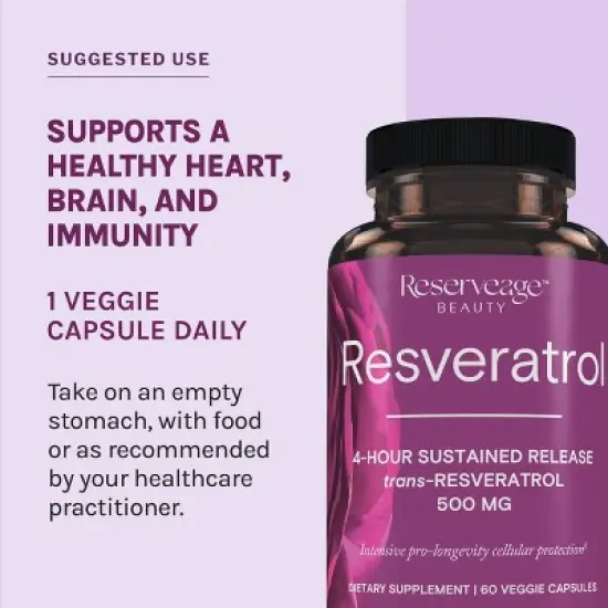 Reserveage Beauty, Resveratrol 500 mg, Antioxidant Supplement for Heart and Cellular Health, Supports Healthy Aging, Paleo, Keto image {4}
