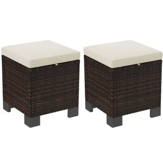 Outsunny 2 Pieces Wicker Outdoor Ottomans with Cushions, 3-in-1 PE Rattan Ottoman Seat, Footrest and Side Table for Backyard, Poolside image {6}