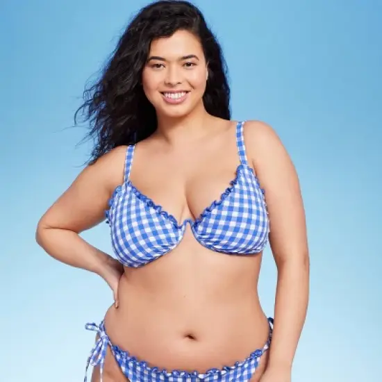 Women's Ruffle Trim Textured Underwire Bikini Top - Wild Fable&trade; Cobalt Blue Gingham Print image {8}