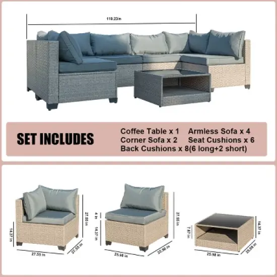 FIONECA 5-Piece Outdoor Wicker Sectional Sofa Set with Water-Resistant Grey Cushions image {2}