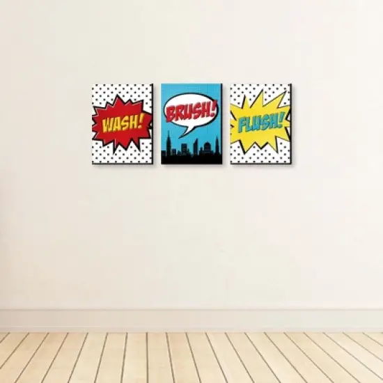 Big Dot of Happiness Bam Superhero - Kids Bathroom Rules Wall Art - 7.5 x 10 inches - Set of 3 Signs - Wash, Brush, Flush image {2}