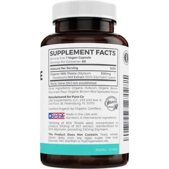 USDA Organic Milk Thistle Capsule, 80% Silymarin Supplement for Liver Support, 9,000mg Milk Thistle Extract for Liver Detox, Pure Co, 60 or 120ct image {1}
