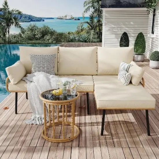 Acekool 3 Piece Patio Set Beige Rattan L-Shaped Sectional Sofa with Chaise Thick Cushions and Tempered Coffee Table for Deck Poolside Backyard Porch image {7}
