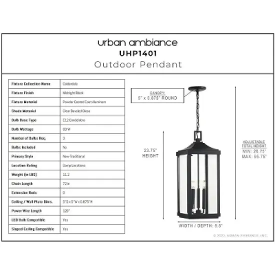 Urban Ambiance Luxury Farmhouse Outdoor Pendant 23.75''H x 9.5''W,  Midnight Black Finish,  Calderdale Collection, UHP1401 image {6}