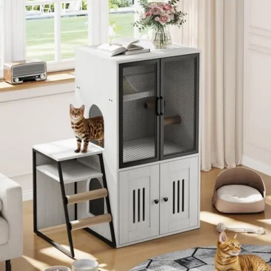 Cat Litter Box Enclosure for 2 Cats and Doors,Double Cat House with Storage Space,Enclosed Litter Box Furniture with Ladder image {9}