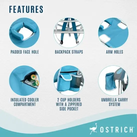 Deltess Ostrich Deluxe On Your Back Aluminum Chair and Cooler Bag, Carry Straps, Umbrella Carry System, Cup Holder, and 275 Pound Capacity, Light Blue image {3}