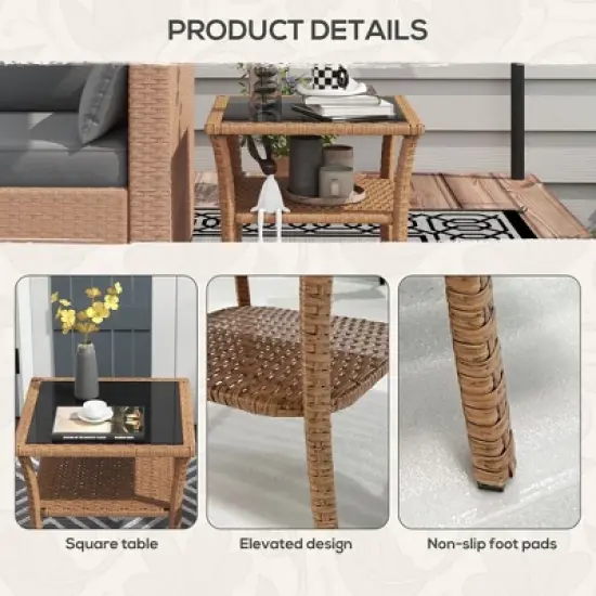 MOEPISY Rattan Side Table, with Storage Shelf, Aluminum Frame Square, Coffee Table with Tempered Glass Top image {1}