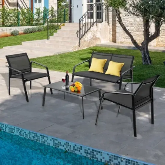 Costway 4 PCS Patio Furniture Set Loveseat Sofas Armrest Glass Table Deck image {1}