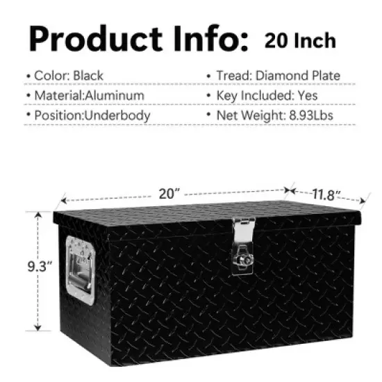 Gulches 20 Inch Black Aluminum Tool long Box Tread Flat box for Truck Car, Outdoor Trailer Pickup RV ATV Storage Tools Organizer w/ Lock Handle ,Key image {2}