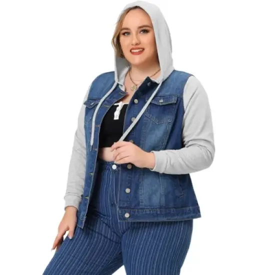Agnes Orinda Women's Plus Size Denim Hood Drawstring Fall Winter Button Jean Jackets image {8}