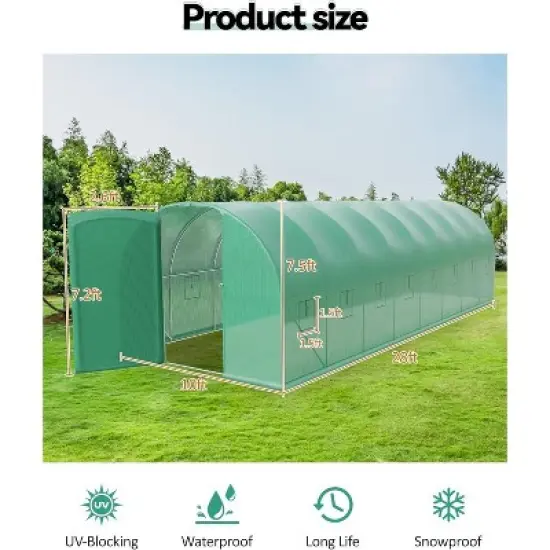 Acekool 27x10x7 FT Outdoor Walk-in Greenhouse with Swing Door, 10 Mesh Windows, Galvanized Steel Frame, PE Cover, Large Tunnel for Garden Patio Yard image {1}