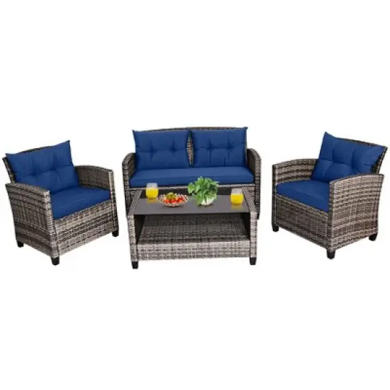 Tangkula 4PCS Rattan Furniture Set Coffee Table Cushioned Sofa Garden Lawn Patio Navy image {8}