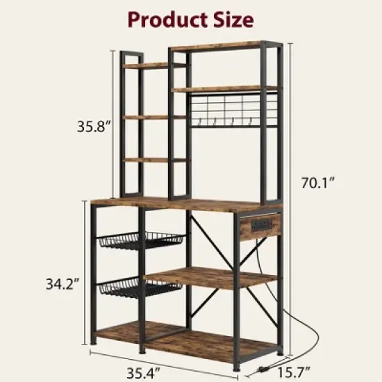 70.1" Bakers Rack with Power Output, Coffee Bar Station with 2 Big Metal Basket, Large Storage Rack, Microwave Stand, Coffee Stand Station image {5}
