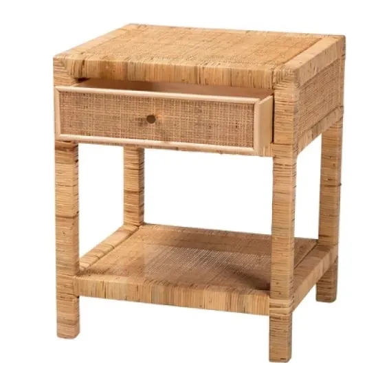 Adelia Natural Rattan & Mahogany 1 Drawer Nightstand with Shelf - Baxton Studio image {2}