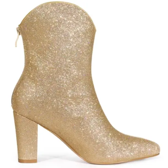 Allegra K Women's Glitter V Shape Pointy Toe Back Zipper Block Heels Mid Calf Boots image {5}