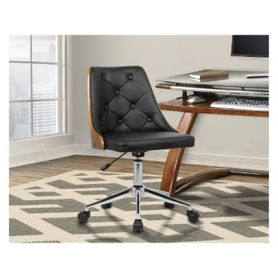 Diamond Mid-Century Office Chair in Chrome finish with Tufted Black Faux Leather and Walnut Veneer Back - Armen Living image {1}