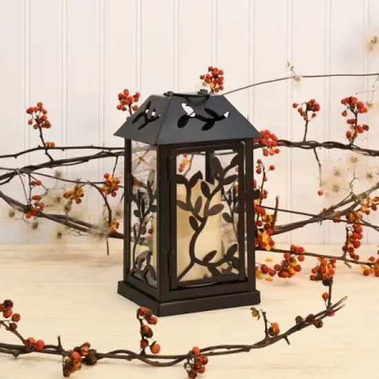 LumaBase Metal Lantern with Battery-Operated Candle - Black Vine image {2}
