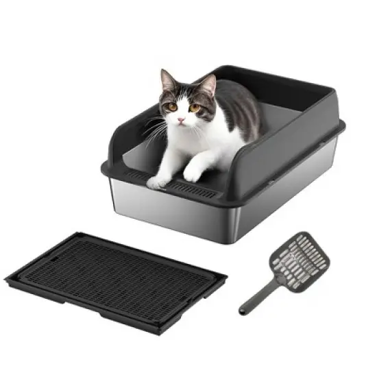 Stainless Steel Litter Box with Lid, Large Litter Box with Sifter Scoop and Double Layer Litter Mat, 6/8'' Deep Metal Cat Litter Box image {7}