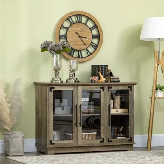 HOMCOM Farmhouse Style Buffet Cabinet, Glass Door Sideboard, Kitchen Storage Cabinet, Coffee Bar for Living Room, Distressed Grey image {1}