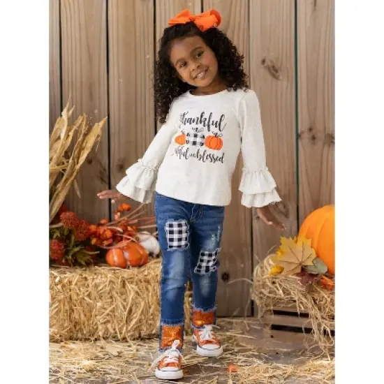 Girls Thankful, Grateful, & Blessed Sequin Patched Jeans Set - Mia Belle Girls image {3}