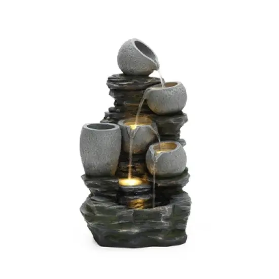 LuxenHome 30" Garden Water Fountain, 4 Tiers Cascading Pots & Rock Cascading Waterfall Fountain Outdoor with LED Lights Gray image {8}