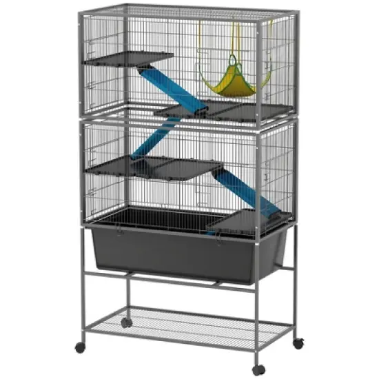 PawHut 59" 5-Level Small Animal Cage, Rolling Ferret Chinchilla Cage with Slide Out 6.3" Deep Tray, Non-Slip Cloth Covered Ramps, Hammock, Dark Gray image {3}