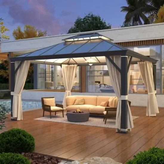 EROMMY 12'x14' Hardtop Gazebo Patio Furniture, Aluminum Frame Double Roof, Privacy Curtains and Premium Net for Patio Lawn and Garden image {5}