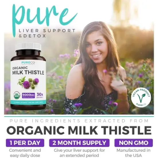 USDA Organic Milk Thistle Capsule, 80% Silymarin Supplement for Liver Support, 9,000mg Milk Thistle Extract for Liver Detox, Pure Co, 60 or 120ct image {2}