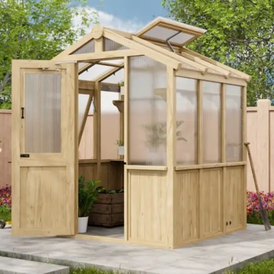 EAGLE PEAK Wooden Polycarbonate Walk-in Greenhouse, Cedar Hobby Green House with Roof Vent image {9}