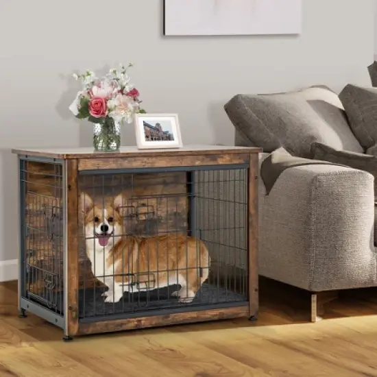Tangkula Wooden Dog Crate Furniture with Pad Bed Double Doors Dog Kennel End Table image {2}