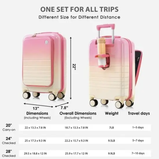 NAYSAYE Luggage Set of 3 Durable Hard Shell Spinner Wheels Front Opening Design for Travel, Pink, 18.8"*12"*29.5" image {4}