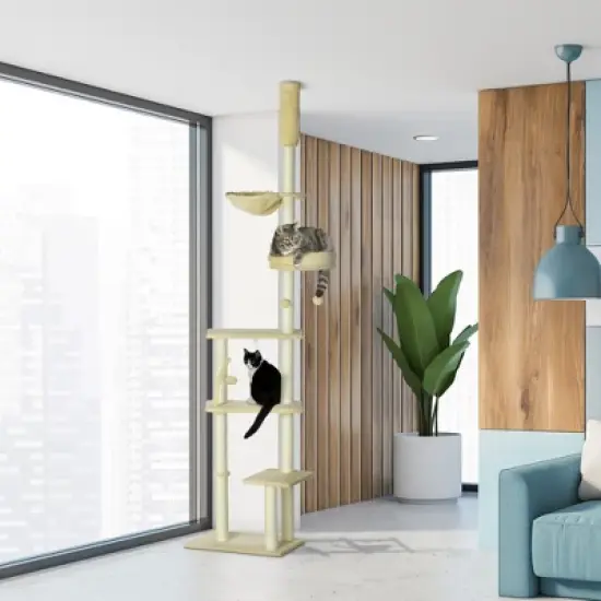 Floor to Ceiling Cat Tree, 90.5" - 98.5" Adjustable Height, Cat Climbing Tower with Carpeted Platforms, Cozy Bed, Hammock, Scratching Posts  Beige image {5}